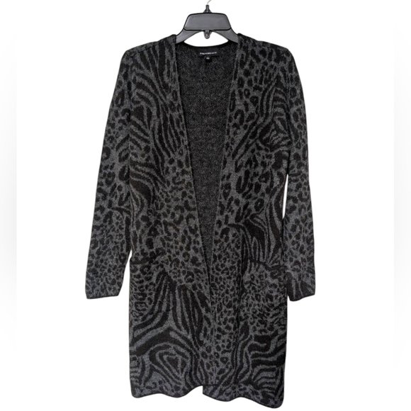 Fortune+Ivy Black And Grey Mix Animal Print Open Front Knit Cardigan Pockets S - Picture 1 of 7